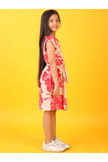 Anthrilo By Styli Floral Print Ruffled Sleeves Dress with Tie-Up Detail