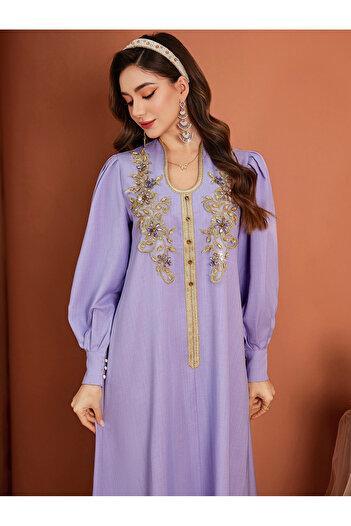 Take Two By Styli Flora Embroidered Lantern Sleeve Maxi Jalabiya Dress