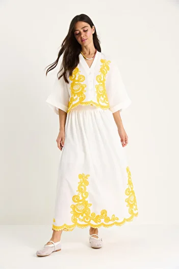 Bianco Lucci Women's Embroidery Detailed Bat Sleeve Shirt Lined Skirt Bottom-Top Set 60283438