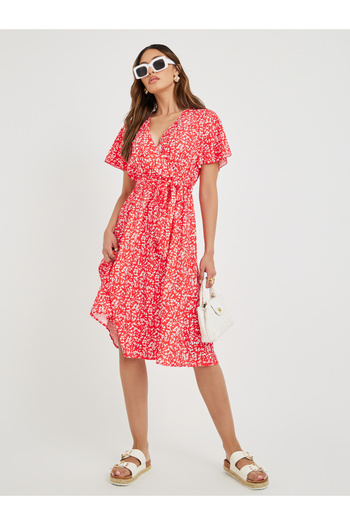 Take Two By Styli Women Red Ditsy Print V Neck A-Line Midi Dress with Tie Waist