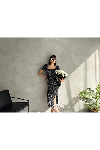 EYLANA Summer Flower Pattern Watermelon Sleeve Slit Detail Dress