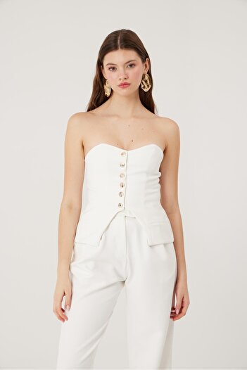 HOLLY LOLLY Button Strapless Cut Harvey Blouse White