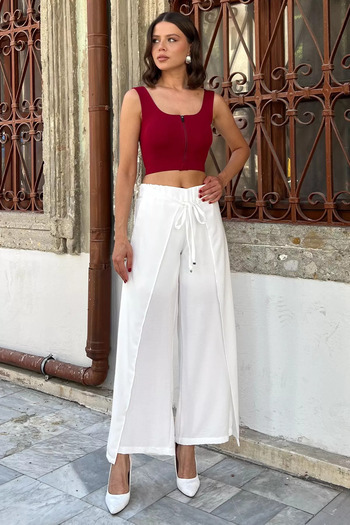 julude White Slit Detailed Covered Wide Leg Women's Trousers