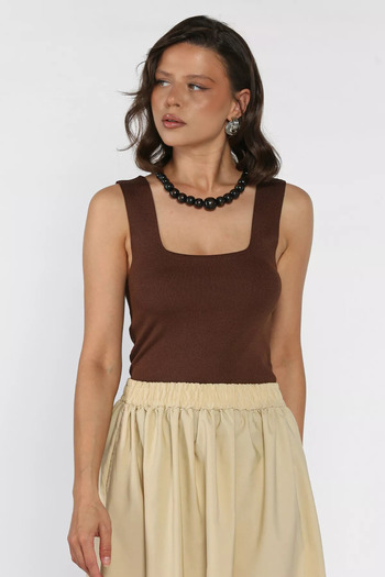 julude Brown Square Collar Strap Lycra Women's Knitwear Blouse