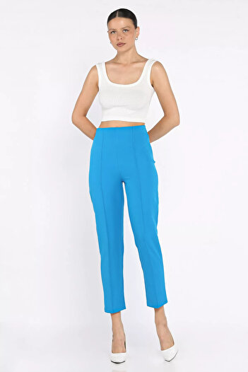 GÜLSELİ Blue Front Grassed Women's Tight Leg Trousers with Elastic Waist