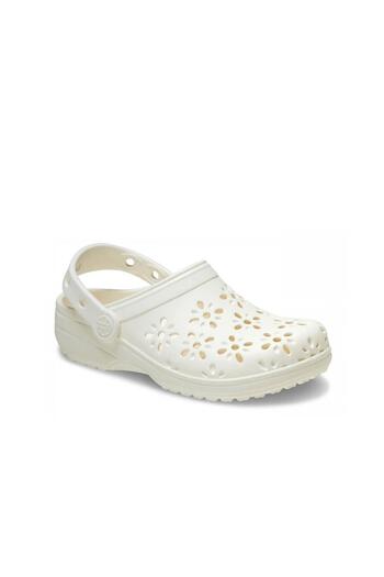 Crocs Classic Floral Cut Out Clog K Kids Slippers - Ecru