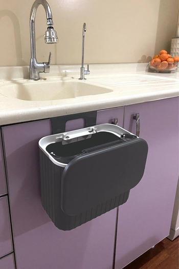 ego home Hanging Trash Can Striped 8 Lt Kitchen Counter Top and Cabinet Hanging Trash Can with Double Direction Lid