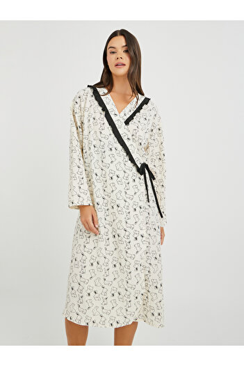 Styli All-Over Print Tie-Up Ruffled Detail Robe