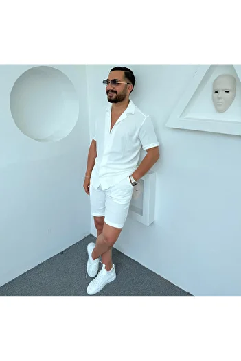 Fifty Color Alaçatı Style Men's Short Sleeve Shirt and Shorts Wrap Crinkle Suit