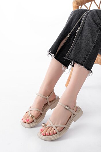 Aymood S-101 Beige Flip Flop Stone Detailed Daily Women's Sandals