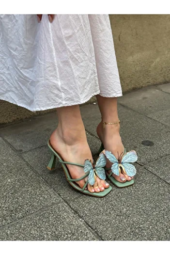 ERVANIN BUTİĞİ Mint Green Skin (Butter) Purple Butterfly Heeled Women's Slippers