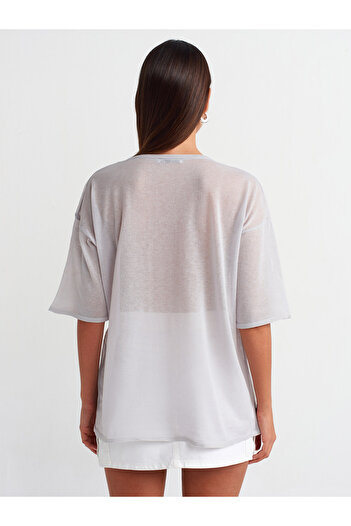 NK Crew Neck Short Sleeve Transparent Blouse-Grey