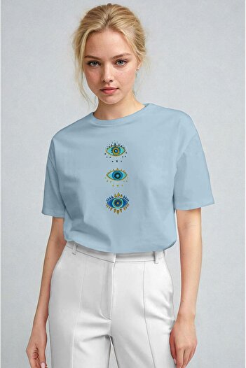 Millionaire Women's Light Blue Regular Evil Eye Eye Print Fit Regular Fit T-Shirt