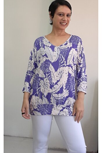 Mertcan Butik V-Neck Purple Ecru Leaf Print Bat Three-Quarter Sleeve Combed Viscose T-Shirt