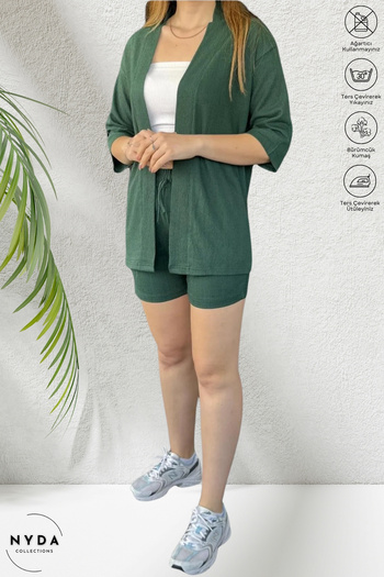 Nyda Collections Women's Wrinkle Fabric Summer Lycra Elastic Waist Shorts and Kimono Set