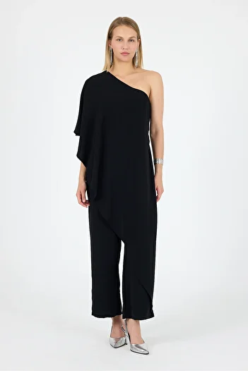 Laranor Black One Shoulder Flywheel Fragmented Medina Silk Jumpsuit Day Night Casual