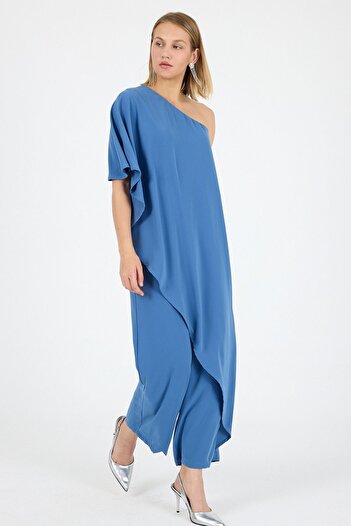 Laranor Blue One Shoulder Flywheel Fragmented Medina Silk Jumpsuit Day Night Elegance