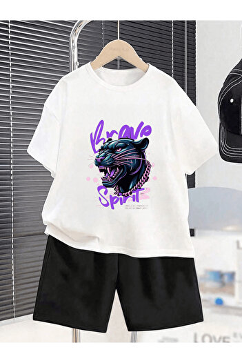 Frisson Unisex Cotton Crew Neck Comfortable T-Shirt / Shorts Set "Black Tiger" Printed