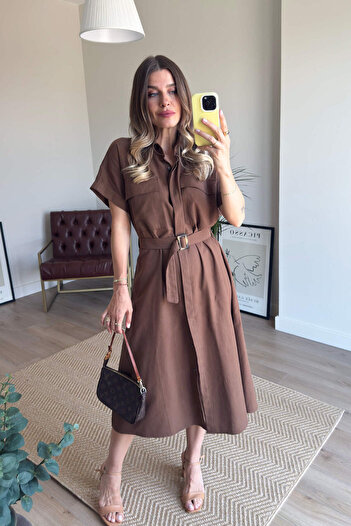 Sue Store Brown Pocket Detailed Wooden Belted Gabardine Linen Look Shirt Dress