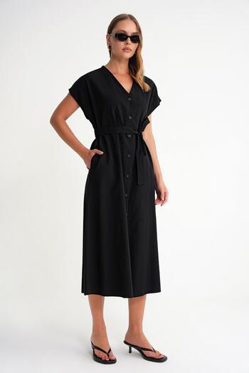 Mixray 4721 Women's V-Neck Button Detailed Linen Dress Black