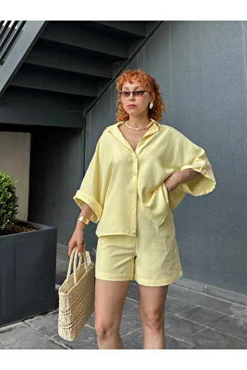 Bak'ap Premium Soft Linen Oversize Shirt - Linen Belt Shorts Two-Piece Set