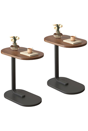 Generic 2-Pieces Modern Coffee Table | C-Shaped Side Table with Brown Wood Top and Black Metal Frame