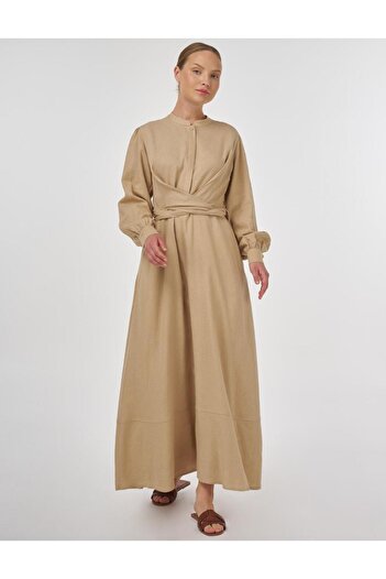 Kayra Waist Detailed Linen Viscose Dress Beige