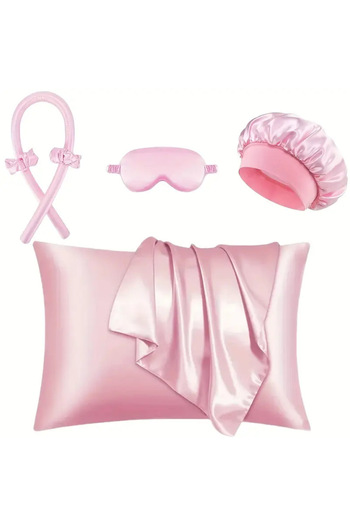 EVYA 6 Piece Satin Sleeping Set Pillowcase with Sponge Night Heat Free Hair Styling Natural Curling Hair Roller