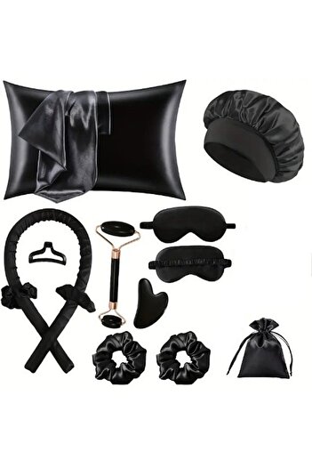 EVYA 12 Pieces Satin Sleep Care Set Pillowcase Hair Cap Eye Mask Curler Roller Guasha 4 Buckle Pouch