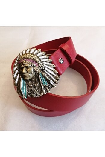 Butik Tülin Unisex Authentic Genuine Cowhide Leather Red Bronze Colored Enamel Indian Chief Cowboy Buckle Belt