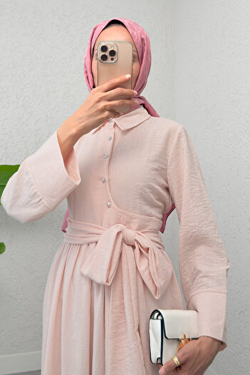 Salih Çelebi Belted Cross Neck Dress 2304 - Powder