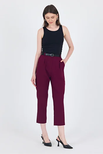 Rays Burgundy High Waist Belted Carrot Cut Trousers 6418A