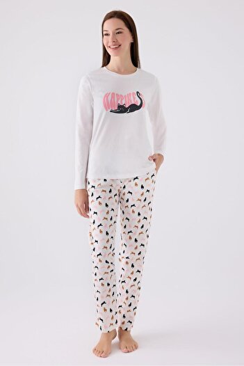 Arnetta Women's Cat Printed Cream Pajama Set, 100% Cotton