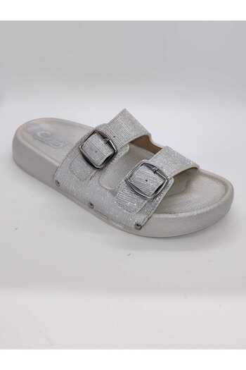 CAPRİ MODA Women's Silvery and Shiny Elegant Orthopedic Double Buckle Slippers