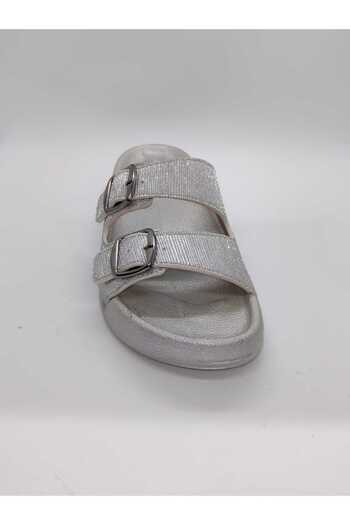 CAPRİ MODA Women's Silvery and Shiny Elegant Orthopedic Double Buckle Slippers