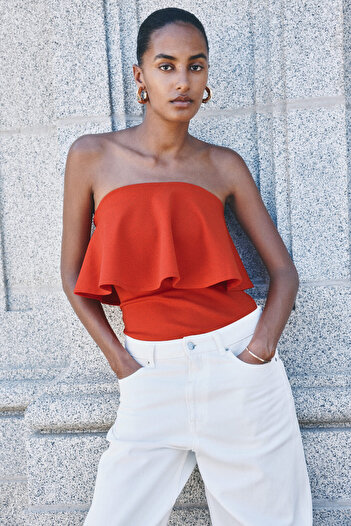 H&M Farbalalı İnterlok Bandeau Üst