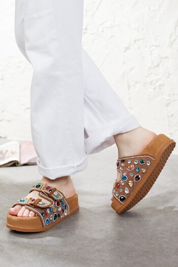 Adım Adım Women's Genuine Leather Stone Detailed Double Buckle Slippers