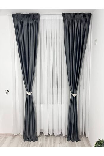 Metropolitan Concept Set of Two Ronda Velvet Curtains, Dark Grey, Worked on 10 Cm Wide Rejansa, 2x150x250 Cm
