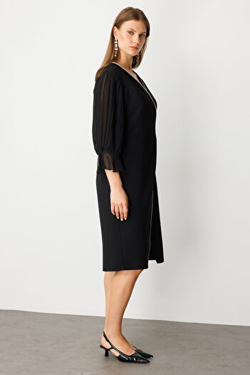 Ekol Stripe Stone Detailed Sleeves Tulle Midi Dress