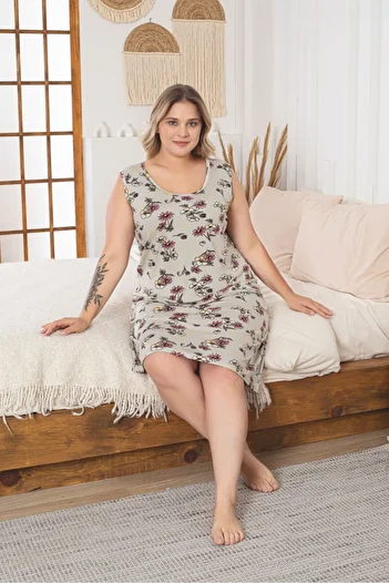 Asel Women's Floral Patterned Plus Size Lycra Combed Cotton Dress