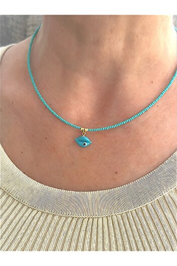 Quella Takı Lak Coating Eye Lip Bead Gold Necklace