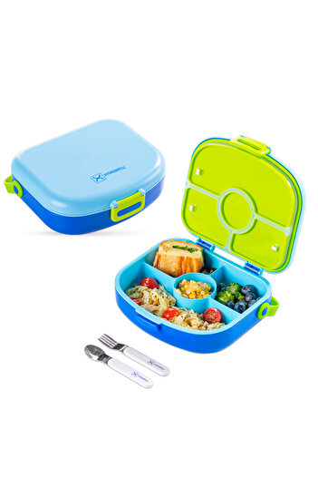 Hydrobrew 4 Compartment Bento Lunch Box w/ Steel Water Tumbler Bottle&Spoon&Fork Set-Cobalt