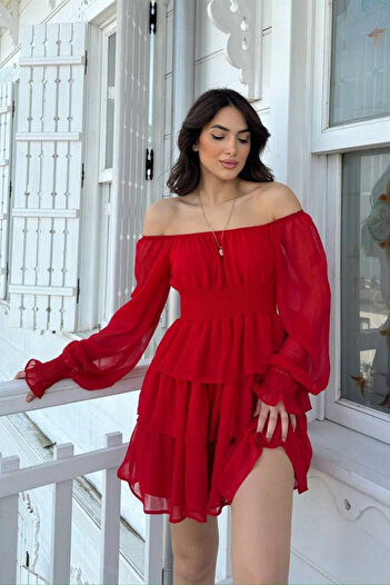 Sindimoda Katlı Şifon Kayık Yaka Mini Elbise
