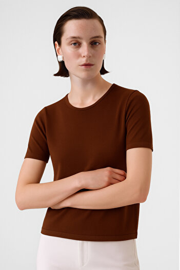 Triko Mısırlı Brown Crew Neck Short Sleeve Women's Sweater