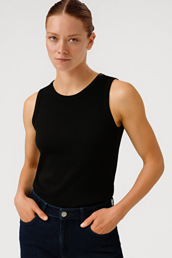Triko Mısırlı Black Ribbed Sleeveless Women's Tank Top