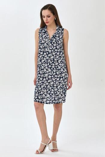 İKİLER Button Front Sleeveless Polo Neck Dress 025-4034