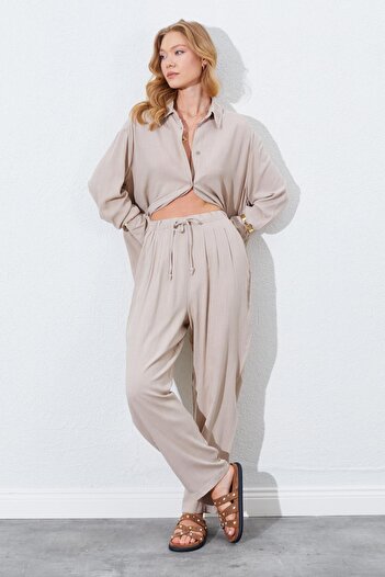 TENA Women's Dark Beige Elastic Waist Carrot Cut Linen Trousers