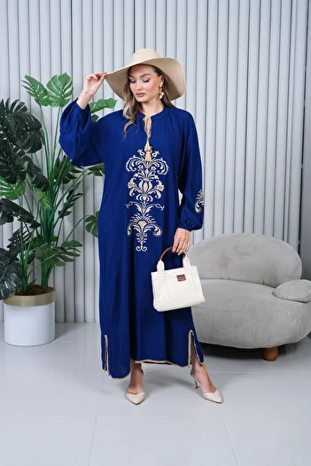 EL jadida Women's Embroidered Pompom Viscose Long Dress Navy Blue