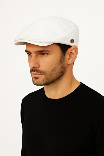 CosmoOutlet Men's White London Flat Model Summer Fabric Stylish and Modern Cap Hat with Elastic Back