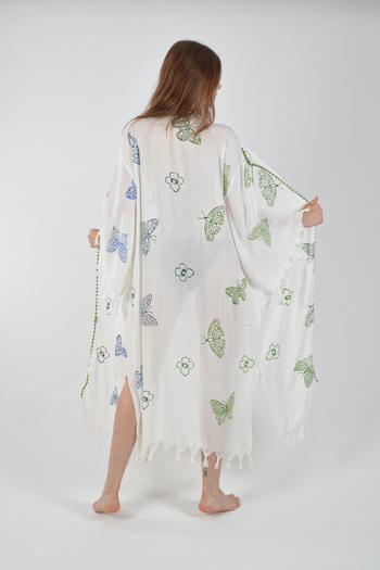 REİNA TEKS Viscon Kimono Bathrobe White Retro Colorful Butterfly Pattern Cotton Printed Pareo 1 Piece Unisex